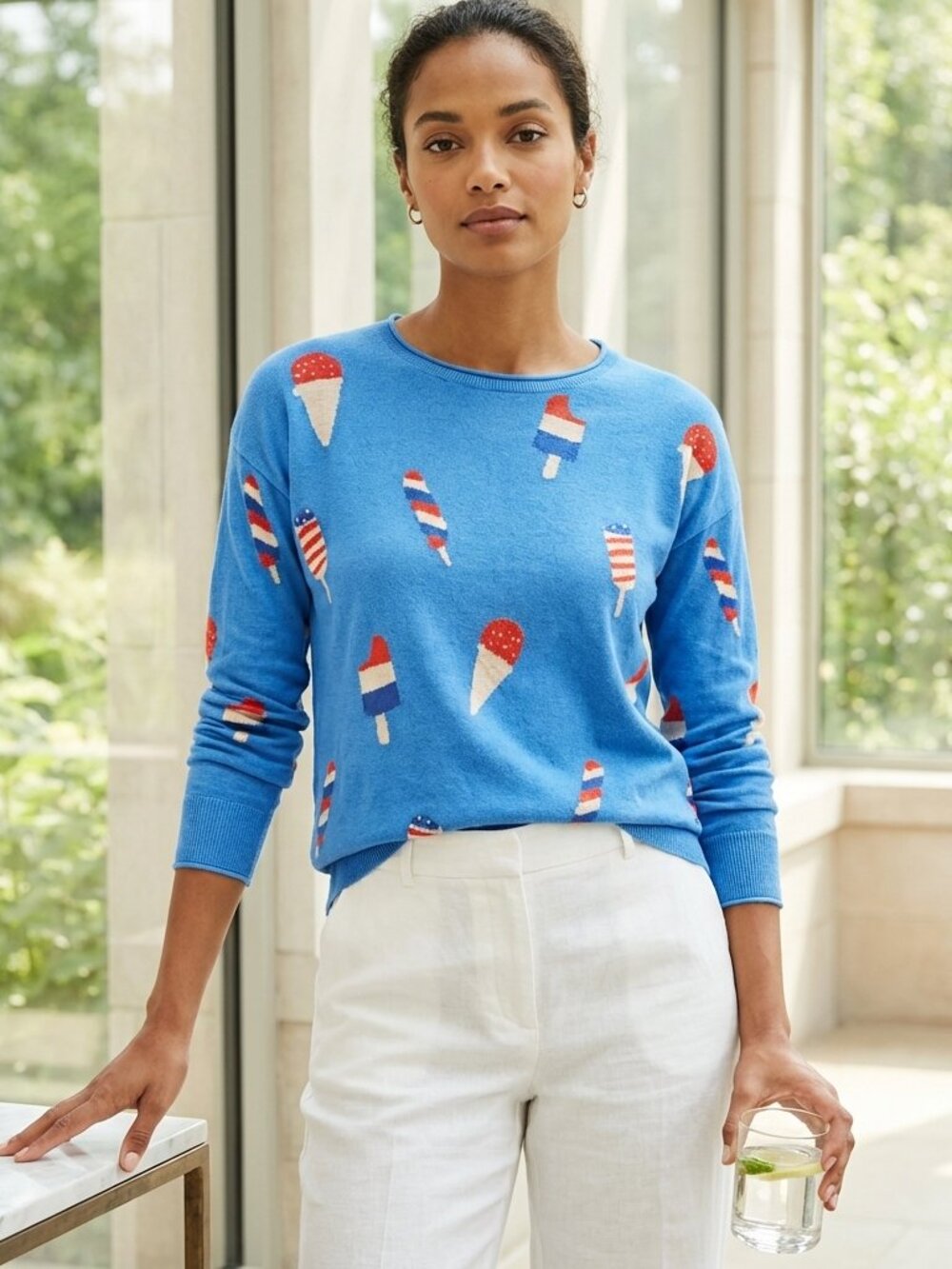 LOFT Blue Patriotic Ice Cream Print Lightweight Sweater Women's Small Summer